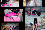 Nữ biker trẻ bên cạnh CB1000R phiên bản Hello Kitty